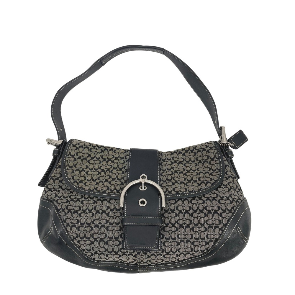 Coach Soho Flap Bag Womens Black Canvas Leather Y2K Signature Buckle F06808 Hobo